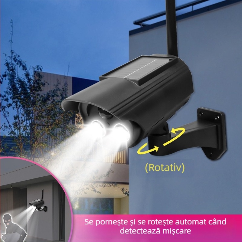 Lumină alimentată cu energie solară cu senzor de mișcare și cameră simulate, pentru interior și exterior, vedere pe noapte cu infraroșu până la 5 m, carcasă din ABS, tensiune 3,7V, temperatură de funcționare -5°C până la 55°C