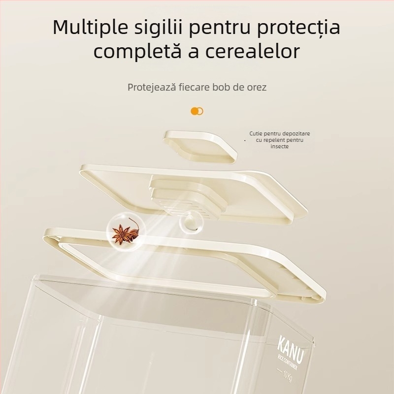 Cutie de depozitare a orezului, sigilată, PET plastic, capacitate 7–8 L, rezistentă la insecte și umiditate