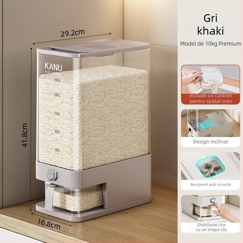 Cutie de depozitare a orezului, sigilată, PET plastic, capacitate 7–8 L, rezistentă la insecte și umiditate