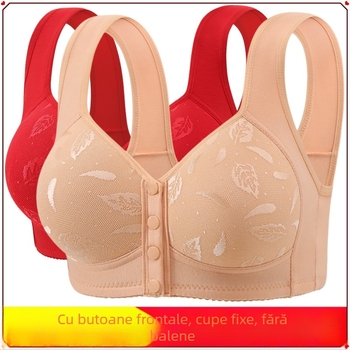 Sutien din bumbac în stil vestă, cu cupă completă, cupe subțiri modelate, bretele fixe duble, închidere frontală cu nasture