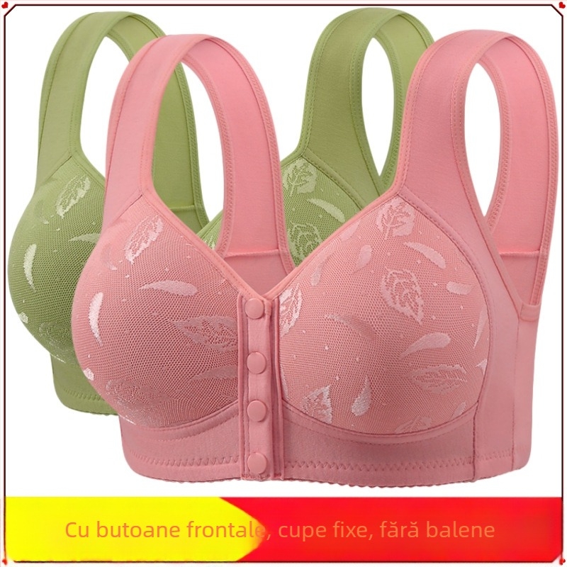 Sutien din bumbac în stil vestă, cu cupă completă, cupe subțiri modelate, bretele fixe duble, închidere frontală cu nasture