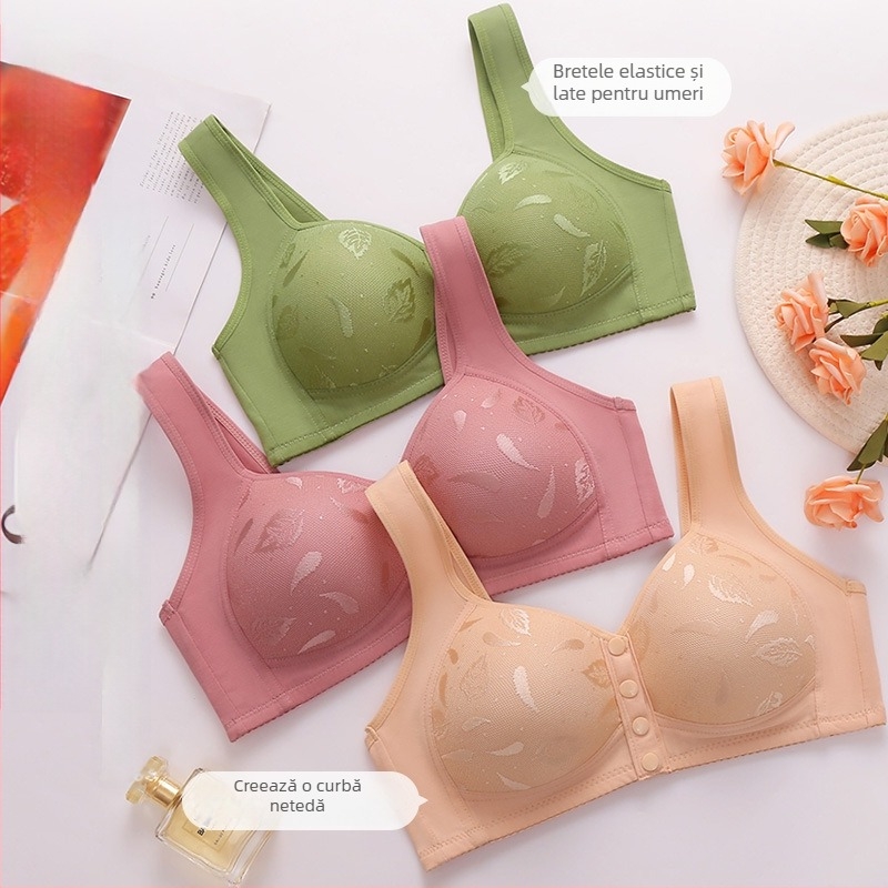 Sutien din bumbac în stil vestă, cu cupă completă, cupe subțiri modelate, bretele fixe duble, închidere frontală cu nasture