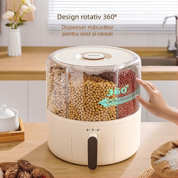 Boxă de depozitare cereale cu separator rotativ, anti-insecte și anti-umezeală, sigilată, recipient rotund pentru orez (>5 L)
