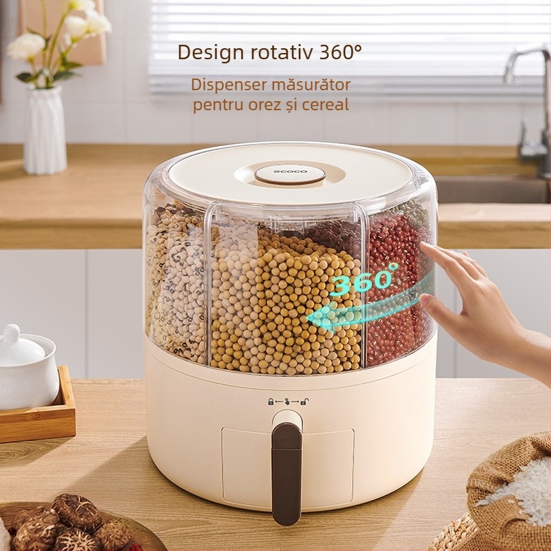 Boxă de depozitare cereale cu separator rotativ, anti-insecte și anti-umezeală, sigilată, recipient rotund pentru orez (>5 L)