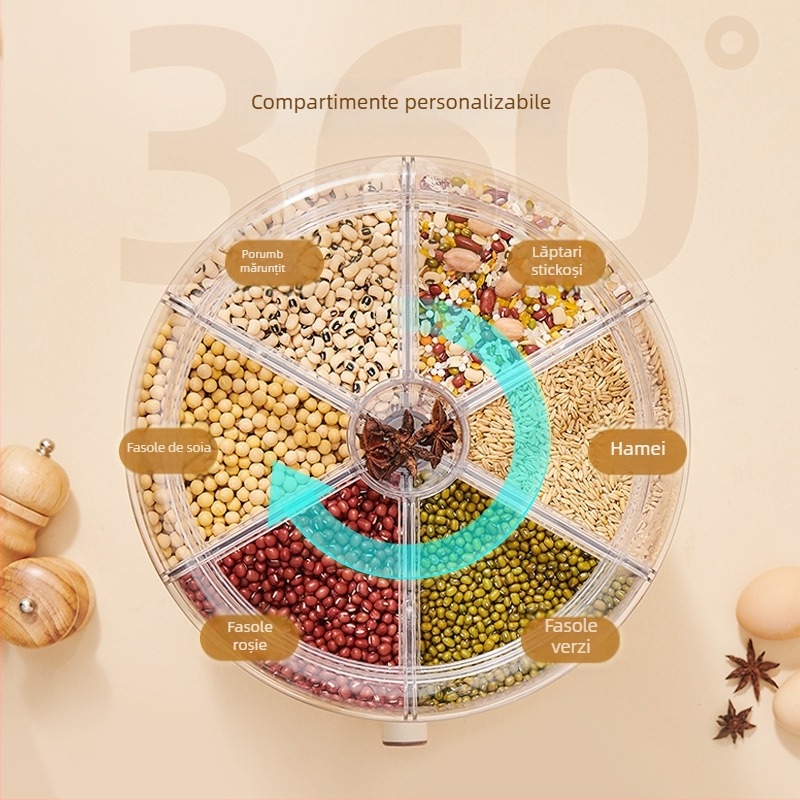 Boxă de depozitare cereale cu separator rotativ, anti-insecte și anti-umezeală, sigilată, recipient rotund pentru orez (>5 L)
