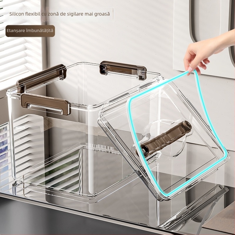 Cutie de depozitare PET transparentă cu mâner — design îngroșat, potrivită pentru casă și birou, rezistentă la praf și umezeală.