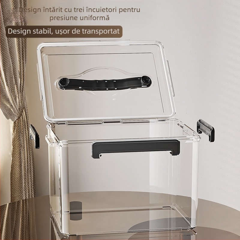 Cutie de depozitare PET transparentă cu mâner — design îngroșat, potrivită pentru casă și birou, rezistentă la praf și umezeală.