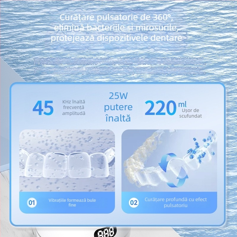 Curățător ultrasonic pentru proteze cu dezinfectare UV, 25 W, 110–220 V, capacitate până la 300 ml