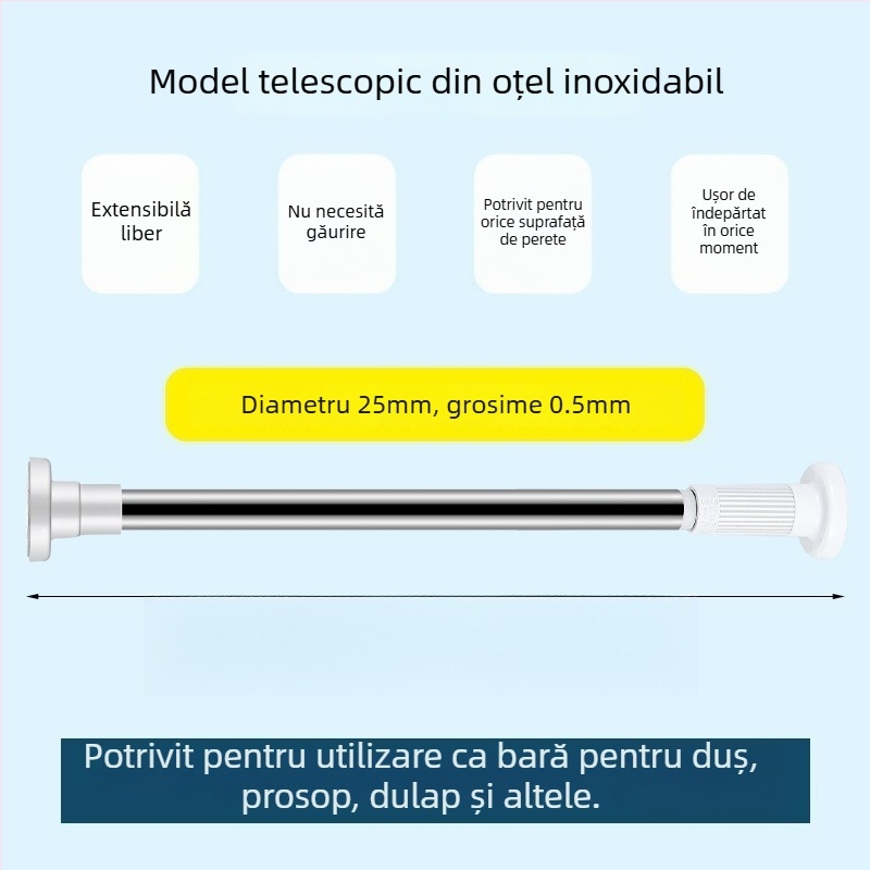 Bară telescopică pentru perdea, fără găurire, din oțel inoxidabil/otel carbon/ABS, pentru duș, garderobă și separator de dormitor, stil modern minimalist