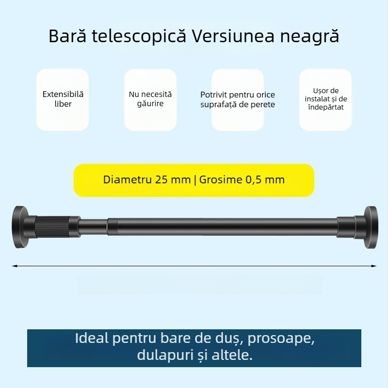 Bară telescopică pentru perdea, fără găurire, din oțel inoxidabil/otel carbon/ABS, pentru duș, garderobă și separator de dormitor, stil modern minimalist