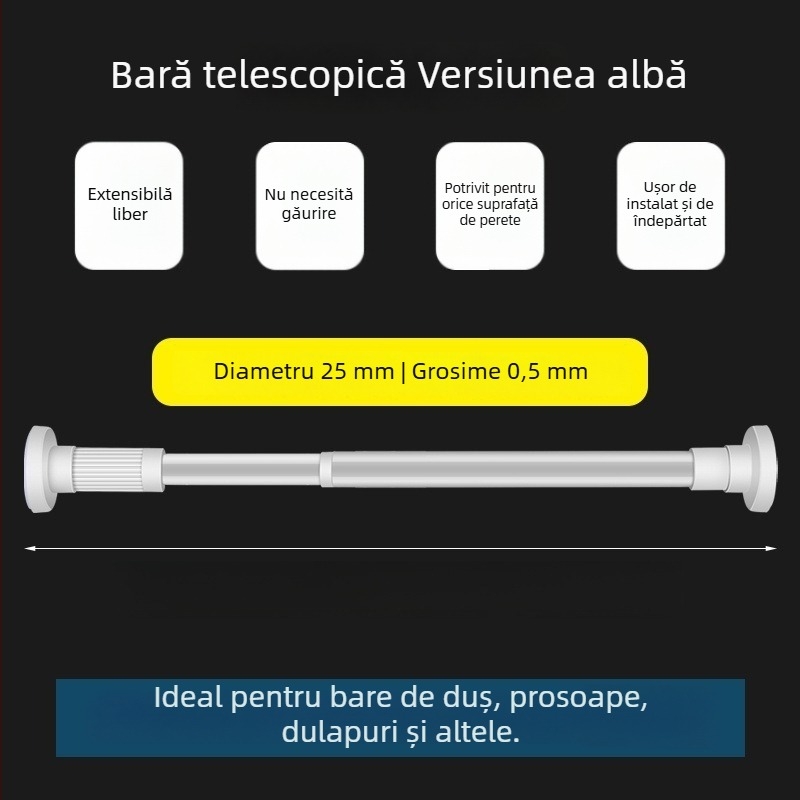 Bară telescopică pentru perdea, fără găurire, din oțel inoxidabil/otel carbon/ABS, pentru duș, garderobă și separator de dormitor, stil modern minimalist