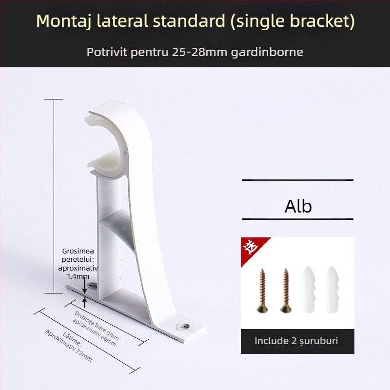 Suport pentru șină de perdea din aliaj de aluminiu – pentru șină simplă sau dublă – bază fixă – montaj superior sau lateral