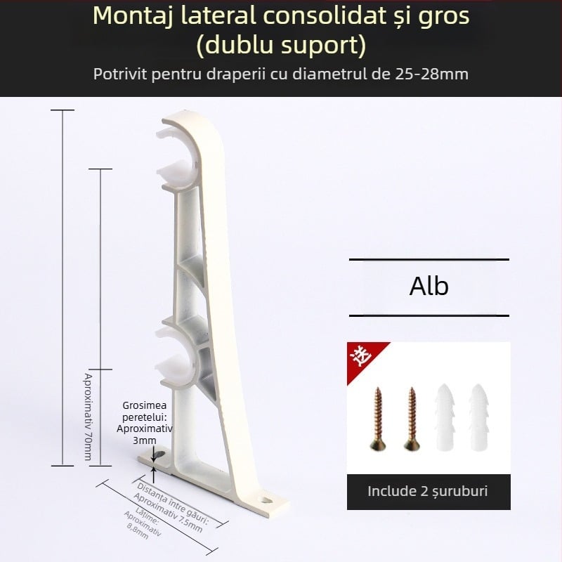 Suport pentru șină de perdea din aliaj de aluminiu – pentru șină simplă sau dublă – bază fixă – montaj superior sau lateral