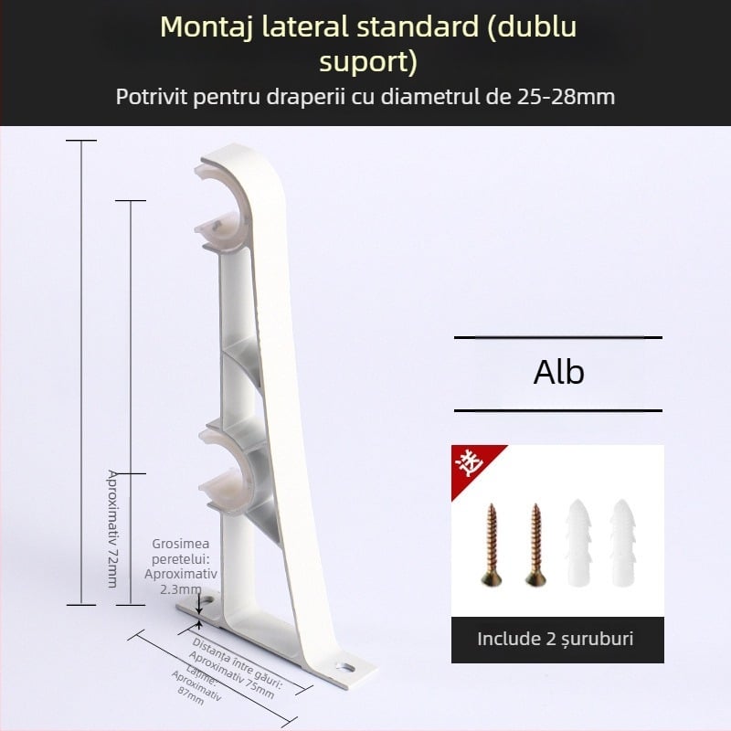 Suport pentru șină de perdea din aliaj de aluminiu – pentru șină simplă sau dublă – bază fixă – montaj superior sau lateral