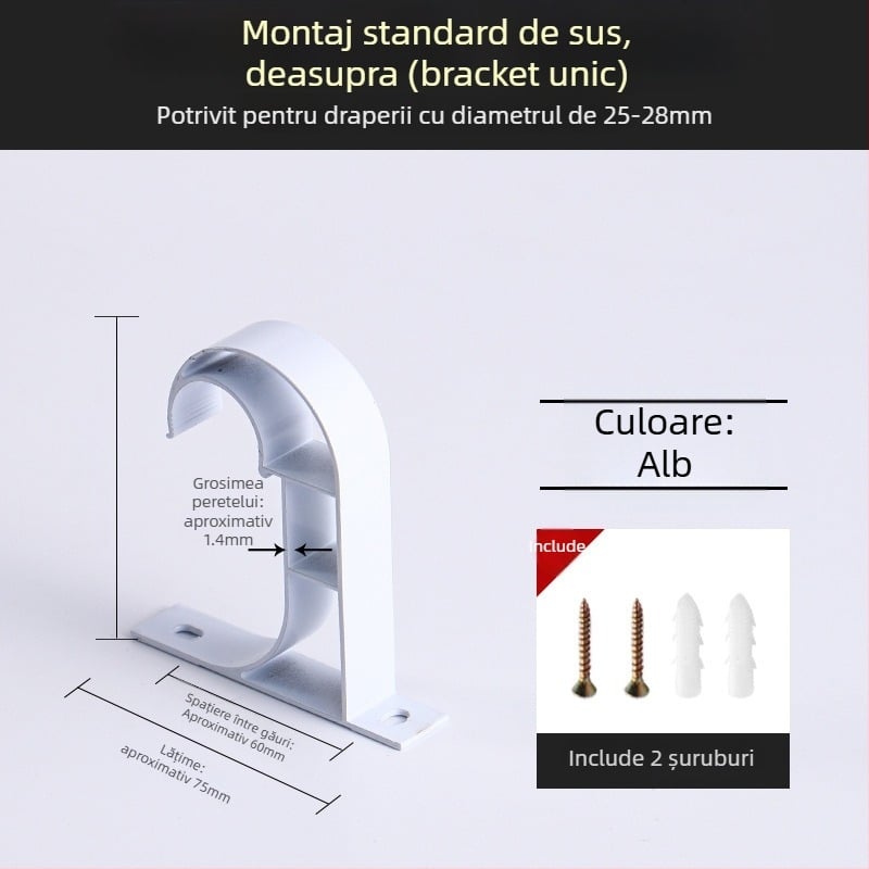 Suport pentru șină de perdea din aliaj de aluminiu – pentru șină simplă sau dublă – bază fixă – montaj superior sau lateral