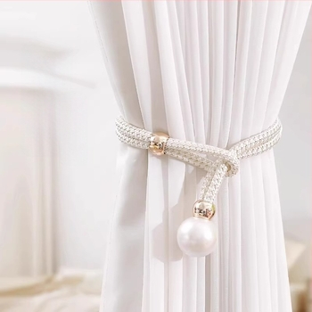 Set de două accesorii pentru perdea, decor cu perle, din material textil, Lan xiang, montaj fără găuri