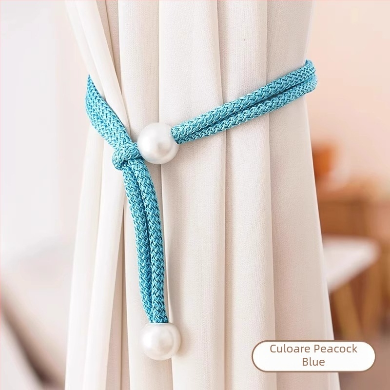 Set de două accesorii pentru perdea, decor cu perle, din material textil, Lan xiang, montaj fără găuri