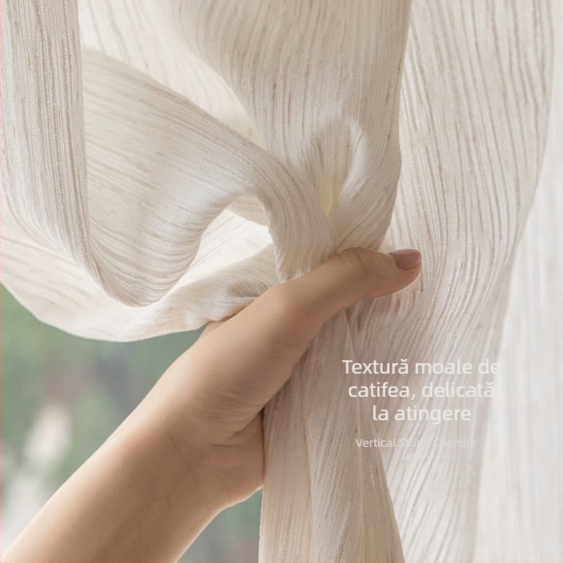 Perdea Chenille din poliester, țesătură vopsită pe fir (yarn-dyed), Semitransparentă dar opacă, Stil modern simplu, Potrivit pentru living și dormitor