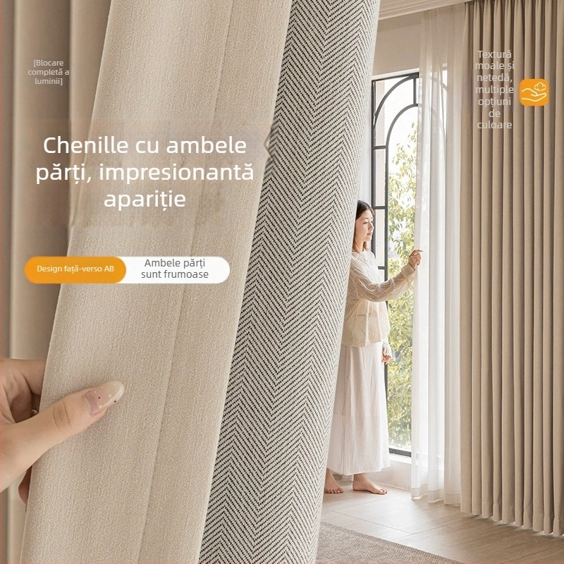 Draperii chenille dublu-față cu textură în model rib (herringbone), umbrire 70–90%, stil crem