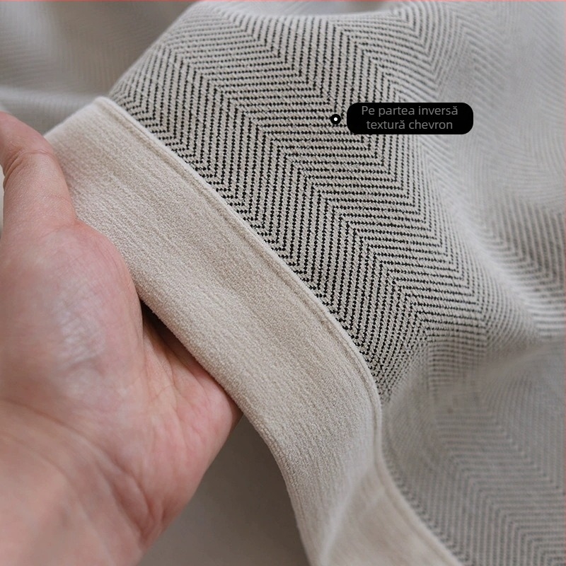 Draperii chenille dublu-față cu textură în model rib (herringbone), umbrire 70–90%, stil crem
