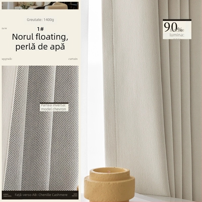 Draperii chenille dublu-față cu textură în model rib (herringbone), umbrire 70–90%, stil crem