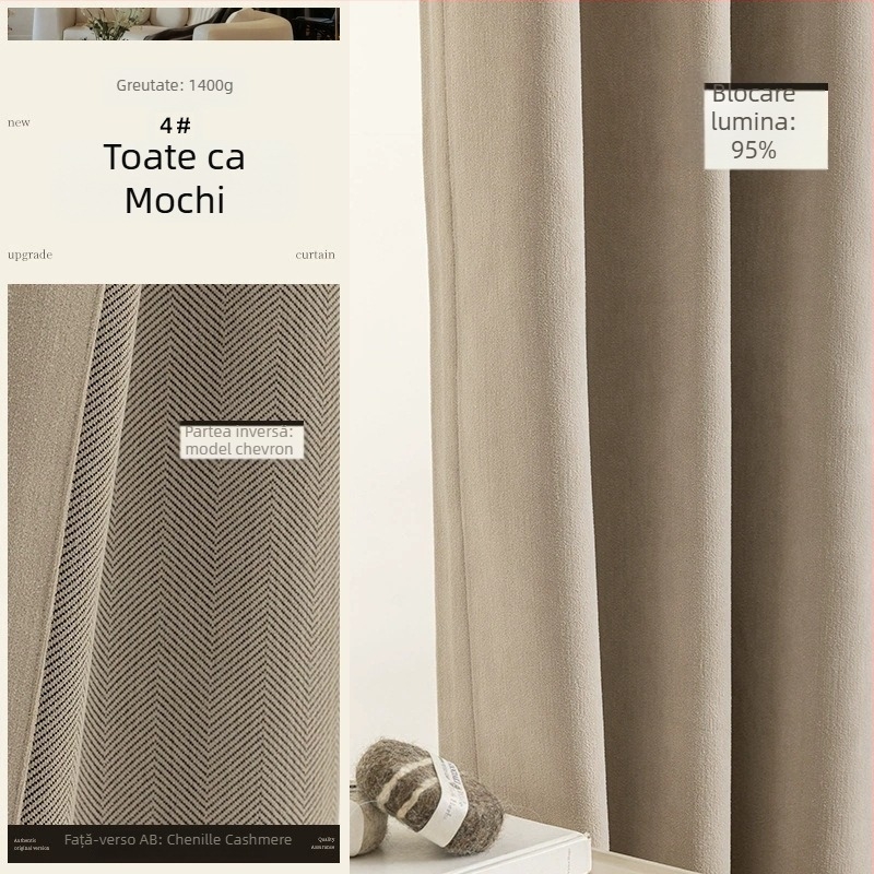 Draperii chenille dublu-față cu textură în model rib (herringbone), umbrire 70–90%, stil crem