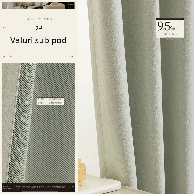 Draperii chenille dublu-față cu textură în model rib (herringbone), umbrire 70–90%, stil crem