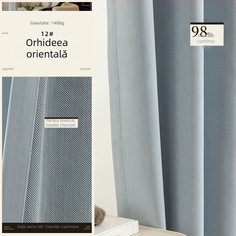 Draperii chenille dublu-față cu textură în model rib (herringbone), umbrire 70–90%, stil crem