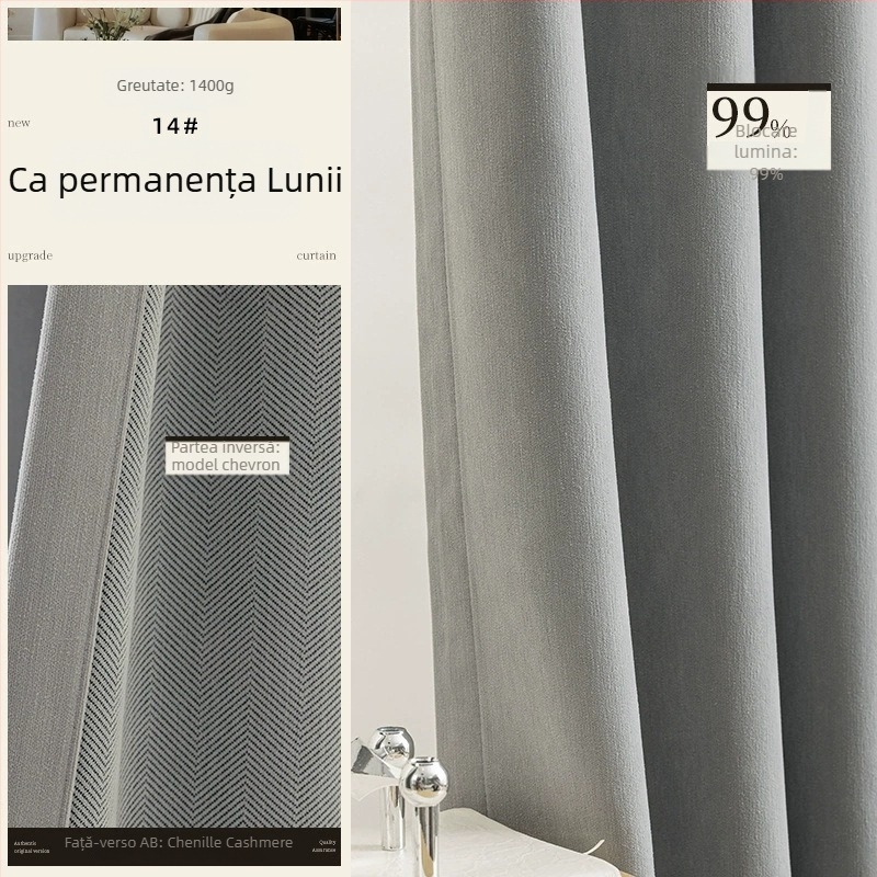 Draperii chenille dublu-față cu textură în model rib (herringbone), umbrire 70–90%, stil crem