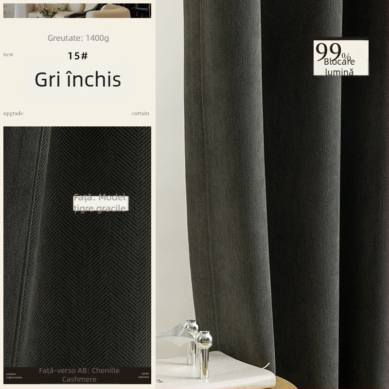 Draperii chenille dublu-față cu textură în model rib (herringbone), umbrire 70–90%, stil crem