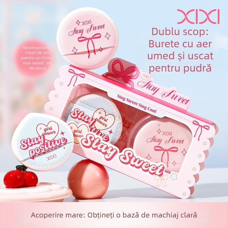 Xixi puff de pudră pentru uz uscat și umed, burete natural, pachet de 2, forme rotunde și în formă de picătură