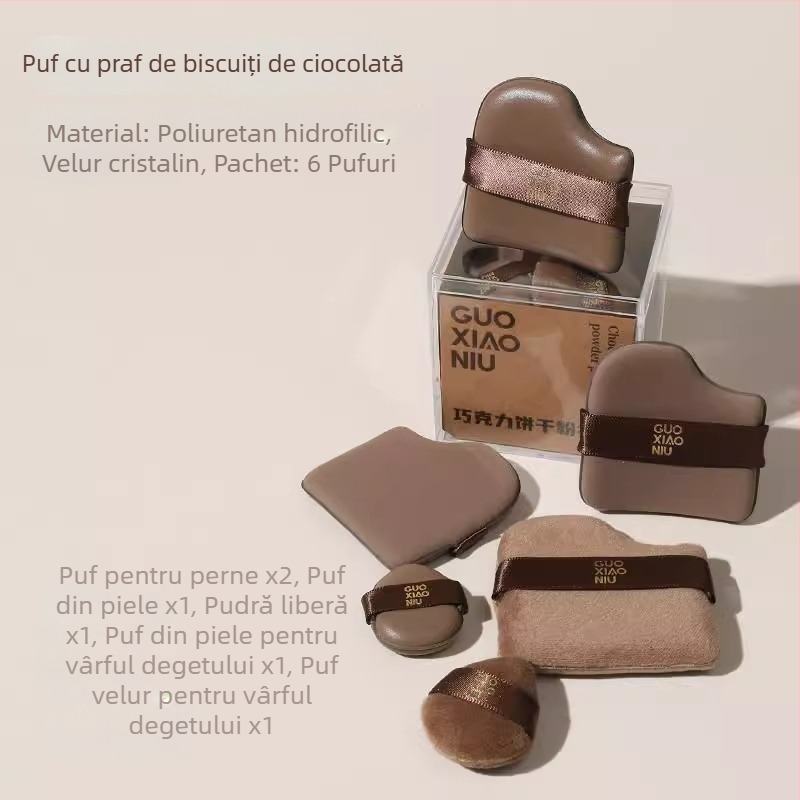 Guo xiaoniu burete pudră – dublă utilizare umed/uscat, burete natural, 6 buc., forme: triunghi, picătură, dovleac