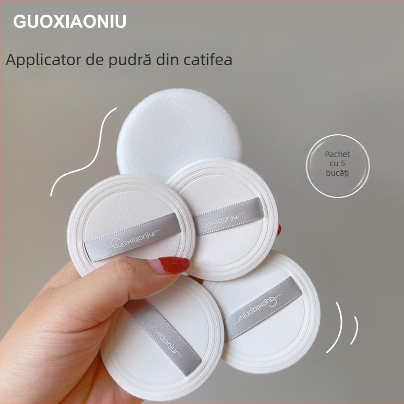 Set de 5 puffuri de pudră, rotund, ultra-subțire, cu suprafață din piele flockată