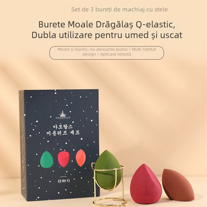 Puf de machiaj din burete natural, formă ovoidă, set de 3 bucăți, pentru aplicarea pudrei umede și uscate