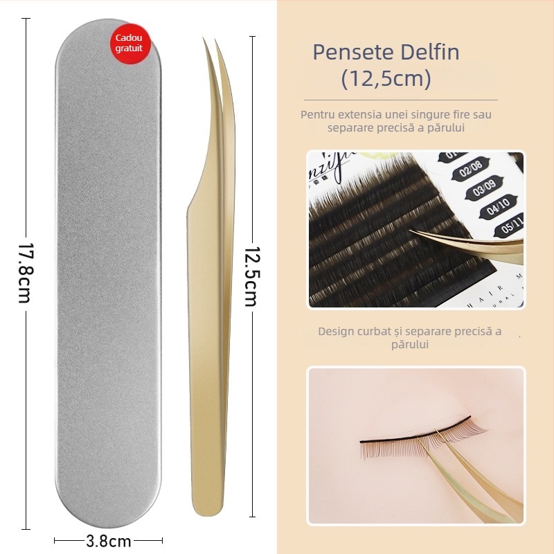 Set de pensete pentru gene din oțel inoxidabil, precizie înaltă, design segmentat, neelectrice, 1 bucată, trei stiluri, Dolphin Straight Clip