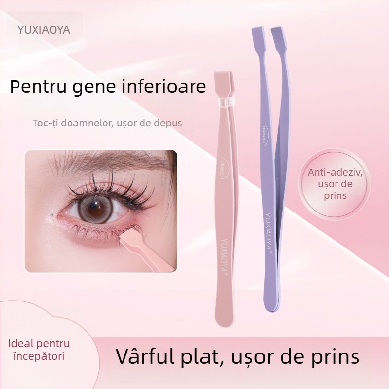Fish Xiaoya Clește antiaderent pentru gene false, vârf plat pentru genele de jos – fără lipici, clips cu pene aurii