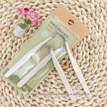 Set de unelte pentru extensii gene – pensetă din oțel inoxidabil, clips cu pene, kit profesional de grafting pentru începători Chlorophyll