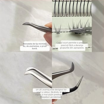 Pensete pentru gene false, cap rotund, oțel inoxidabil, instrument de precizie pentru aplicarea extensiilor de gene, vârf curbat în formă de cioc