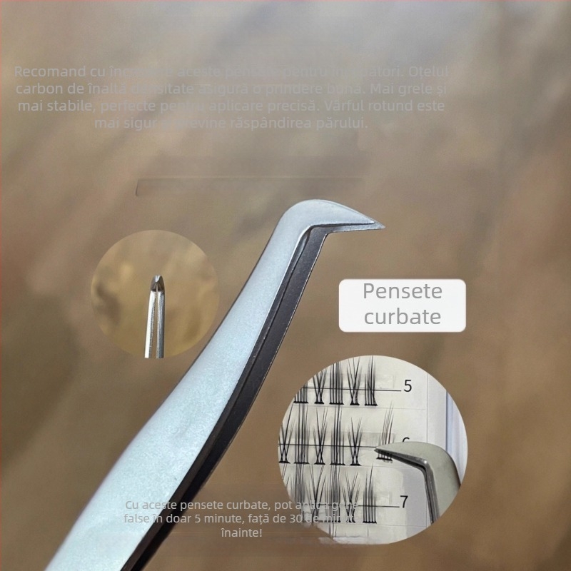 Pensete pentru gene false, cap rotund, oțel inoxidabil, instrument de precizie pentru aplicarea extensiilor de gene, vârf curbat în formă de cioc