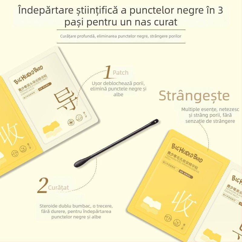 Big-headed Bird Plasturi nazali pentru tineret – Dublă curățare pentru puncte negre, Îngustează porii, Curățare profundă, 10 plasturi de 5 ml