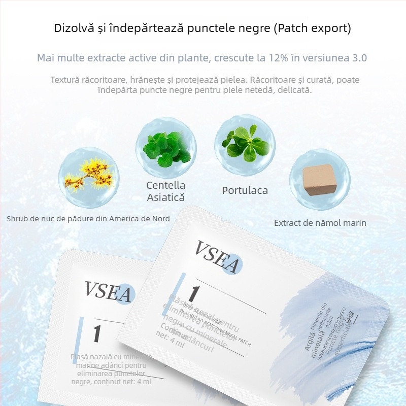 Vsea plasturi nazali cu minerale din Marea Adâncă pentru curățare profundă a porilor – elimină punctele negre, strâng porii, hidratează pielea; pentru ten normal și mixt.