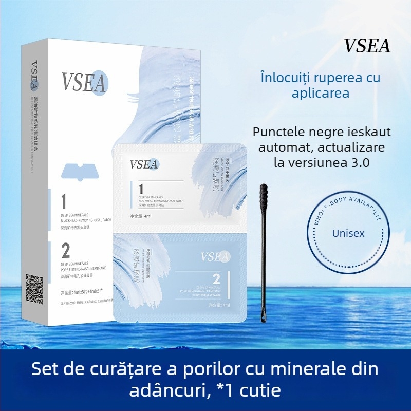 Vsea plasturi nazali cu minerale din Marea Adâncă pentru curățare profundă a porilor – elimină punctele negre, strâng porii, hidratează pielea; pentru ten normal și mixt.