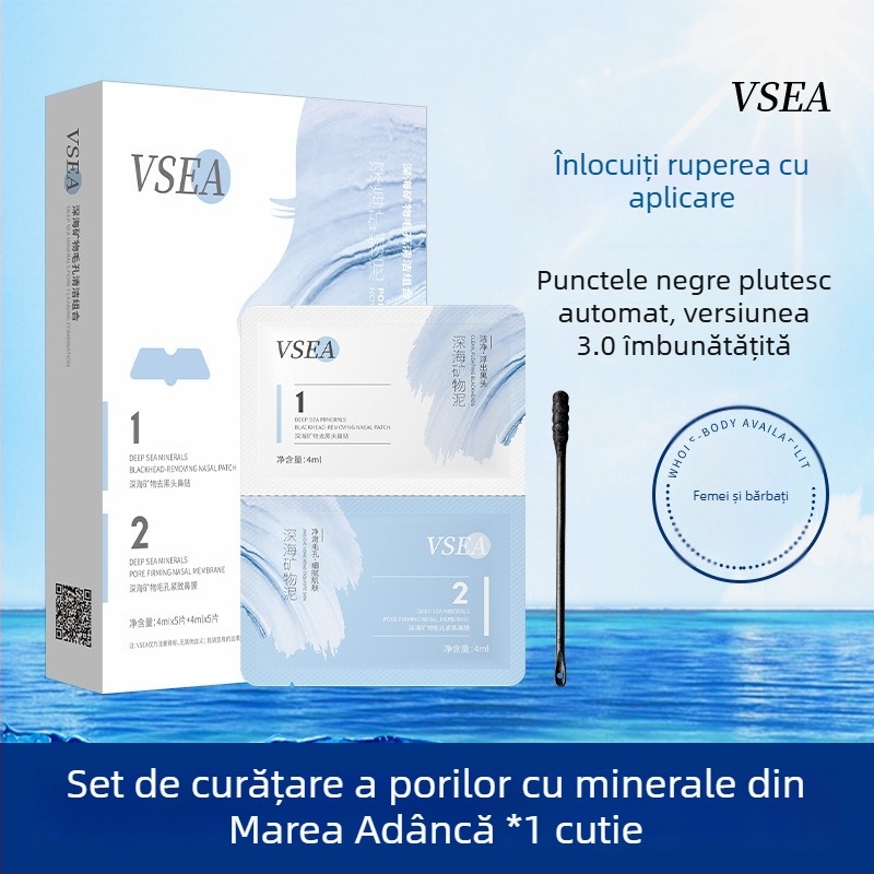 VSEA Set de plasturi nazali cu minerale din mare adâncă – Îngrijește zona T, Îndepărtează punctele negre, Micșorează porii, Hidratează pielea, Pachet de cinci bucăți