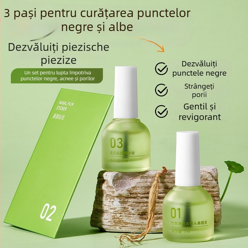 BOBV Set triplu pentru îndepărtarea punctelor negre cu extract de bambus, lichid de extracție, pentru ten mixt, 7ml+7ml