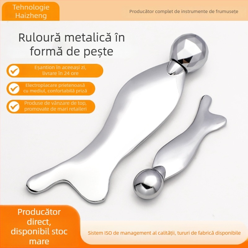 Placă metalică pentru masaj gua sha cu roller 3D, pentru lifting și fermitate; unealtă de masaj de tip roller; construcție din aliaj de zinc