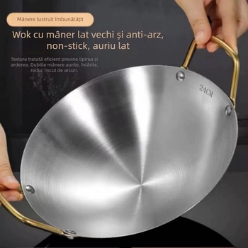 Wok din oțel inoxidabil, netratat, cu fond unic, compatibil cu aragaz pe gaz, stil chinezesc, personalizabil, modelul 5