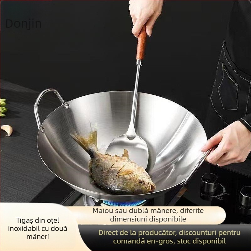 Wok din oțel inoxidabil, netratat, cu fond unic, compatibil cu aragaz pe gaz, stil chinezesc, personalizabil, modelul 5