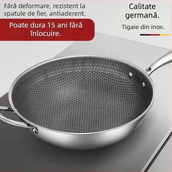 Wok din oțel inoxidabil, mâner unic, bază unică, capac din oțel inoxidabil cu inserție de sticlă, potrivit pentru plite generale