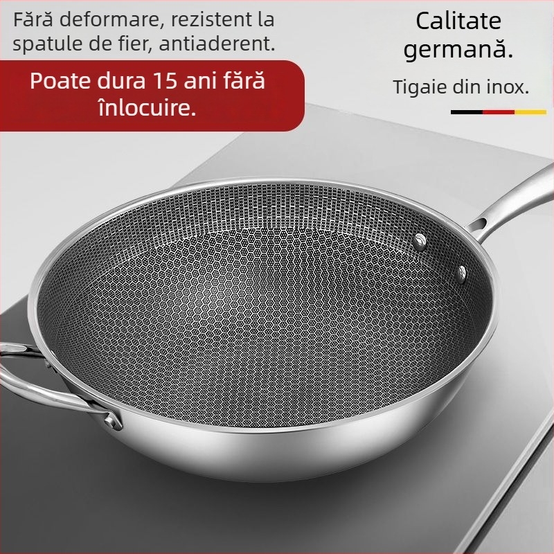 Wok din oțel inoxidabil, mâner unic, bază unică, capac din oțel inoxidabil cu inserție de sticlă, potrivit pentru plite generale