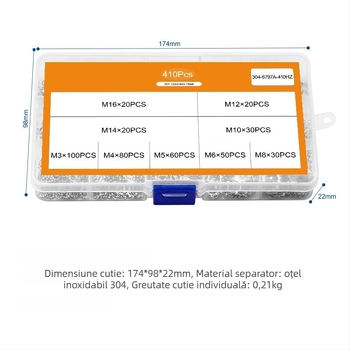 Set garnituri 410 bucăți, oțel inoxidabil 304, șaibe cu dinți exteriori, șaibe plate, garnituri etanșe, șaibe de oprire, Clasa A, Standard Național